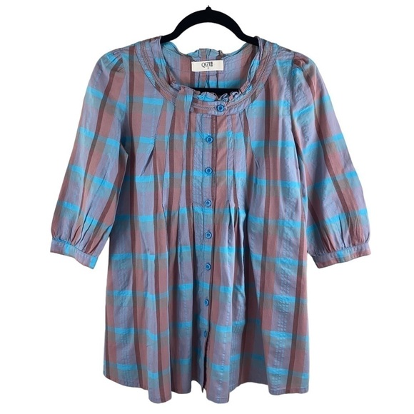 Qizi Women’s Plaid Blouse Elbow Length Sleeve Button Front Blouse‎ - Picture 1 of 7